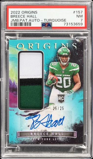 2022 Panini Origins Breece Hall Jumbo Patch Autograph-Turquoise #157 card image