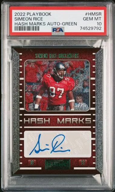 2022 Panini Playbook Hash Marks Autographs Green Hmsr Simeon Rice #no-number card image