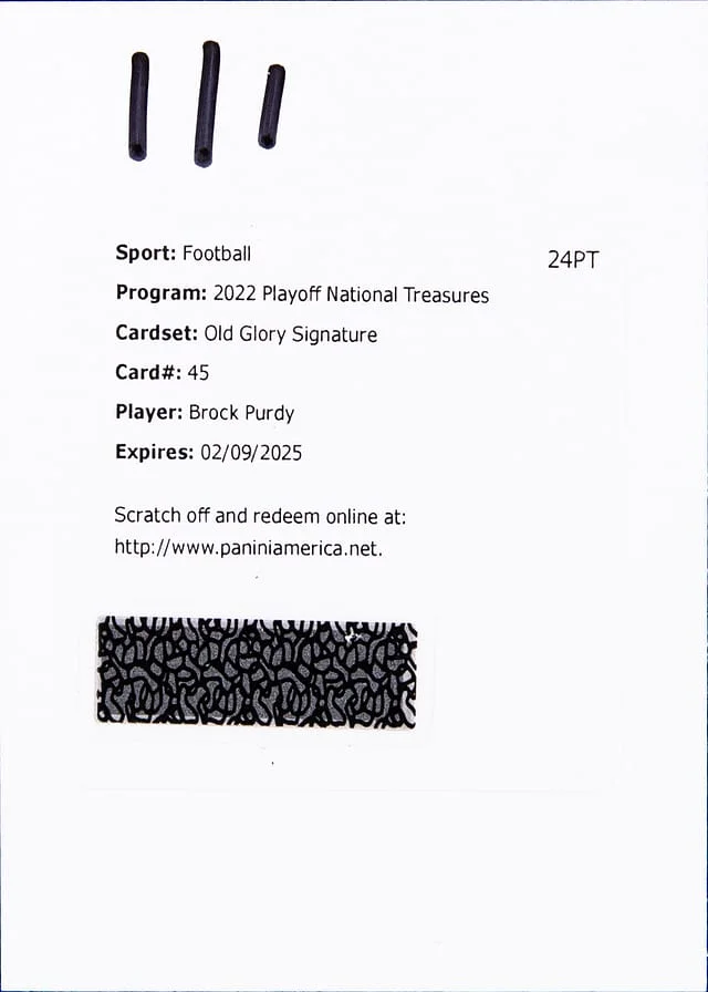 2022 Panini Playoff Brock Purdy National Treasures Old Glory Signature #45 card image