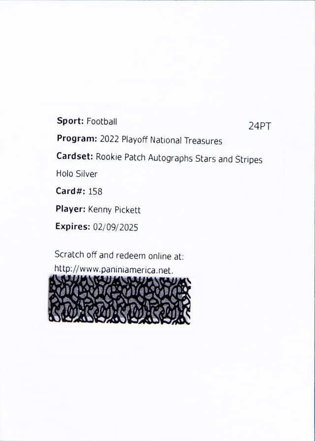 2022 Panini Playoff Kenny Pickett - Redemption National Treasures Patch Autograph (RPA) Stars and Stripes Holo Silver #158 card image