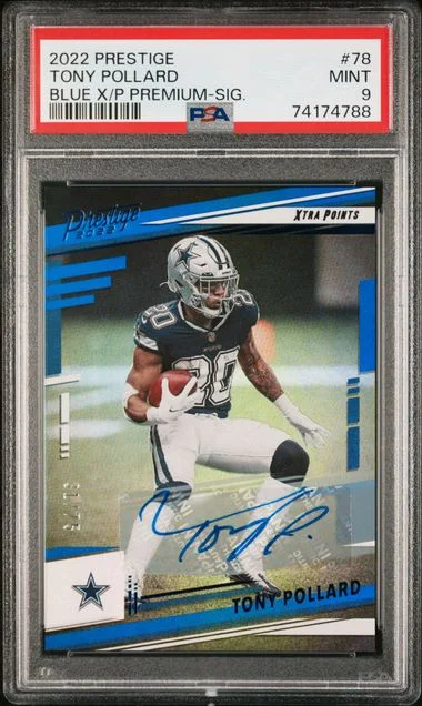 2022 Panini Prestige Tony Pollard Xtra Points Premium Signatures Blue #78 card image