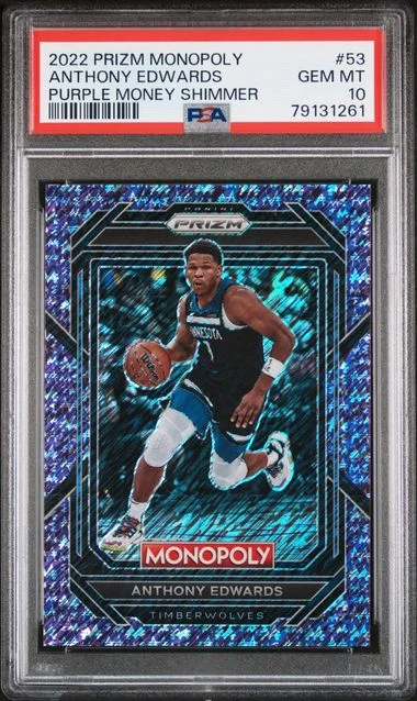 2022 Panini Prizm Anthony Edwards Monopoly Purple Money Shimmer #53 card image