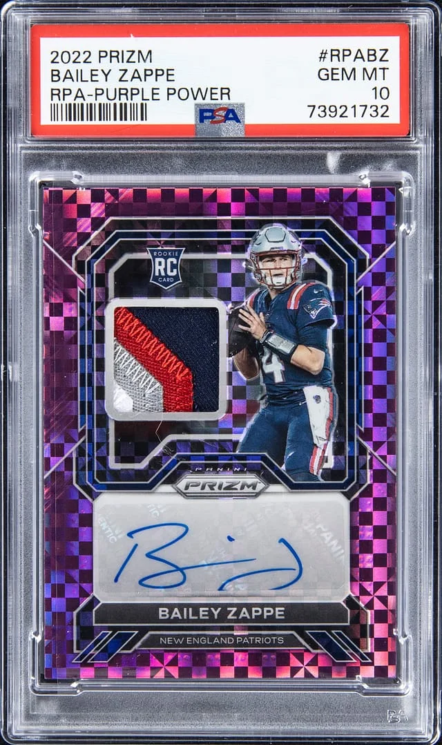 2022 Panini Prizm Bailey Zappe Patch Autograph (RPA) Purple Power #RPA-BZ card image