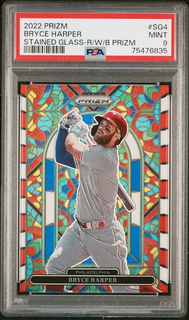 2022 Panini Prizm Bryce Harper Stained Glass Red/White/Blue Prizm #SG-4 card image