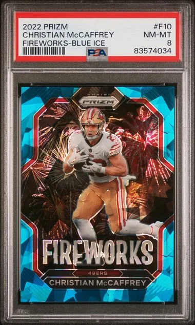 2022 Panini Prizm Christian Mccaffrey Fireworks Blue Ice #F10 card image