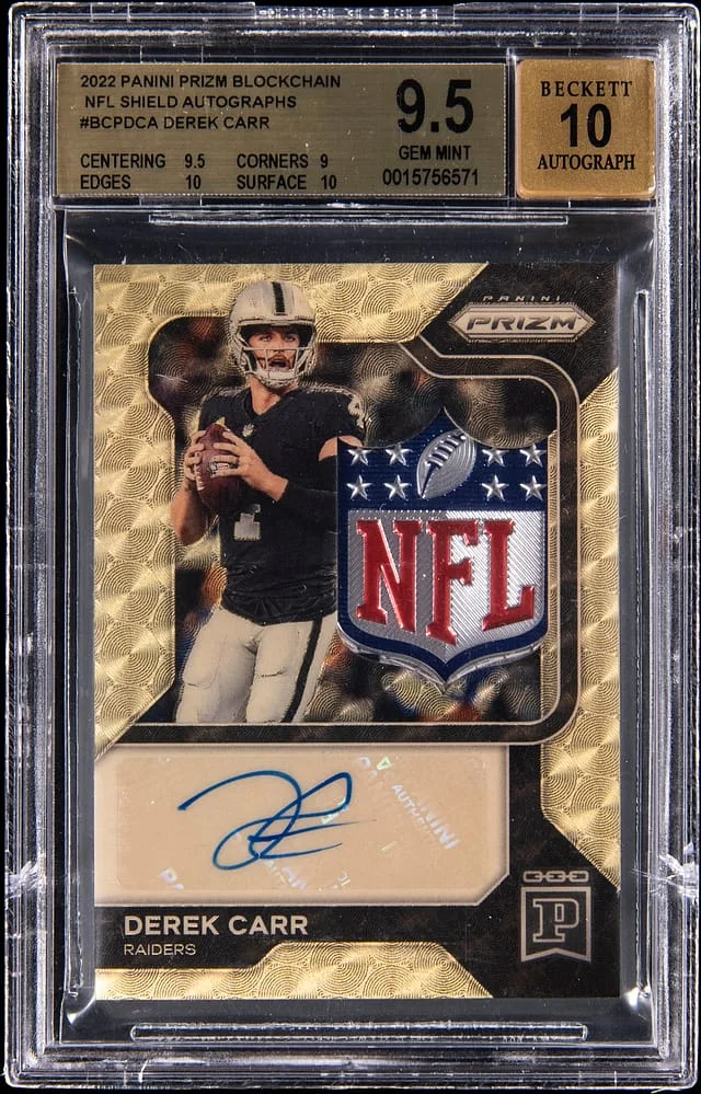 2022 Panini Prizm Derek Carr Blockchain NFL Shield Autographs #BCP-DCA card image