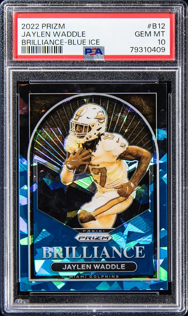 2022 Panini Prizm Jaylen Waddle Brilliance Blue Ice #B-12 card image