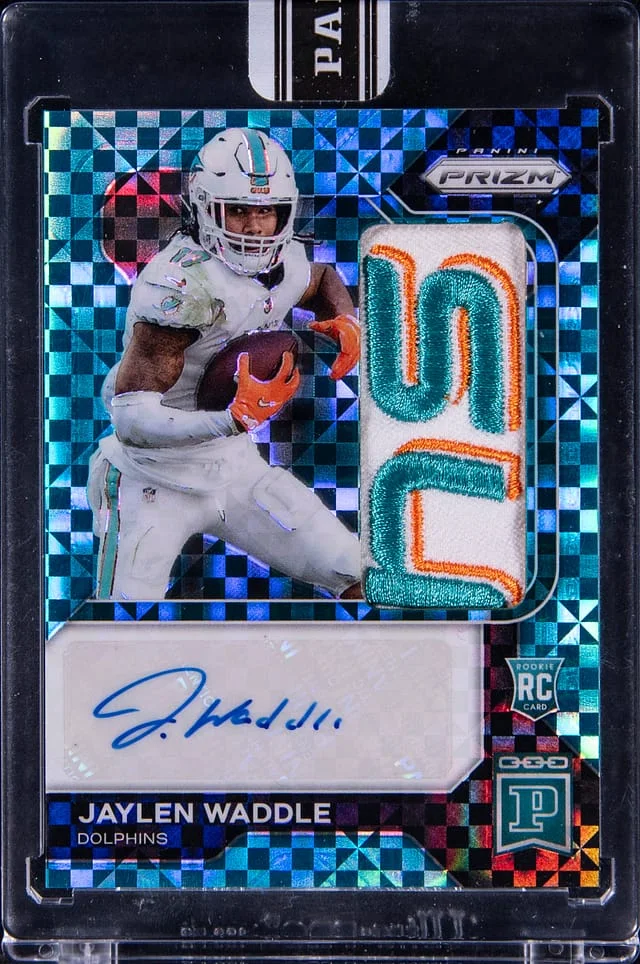 2022 Panini Prizm Jaylen Waddle Blockchain Logo Patch Autograph #BCP-PMA card image