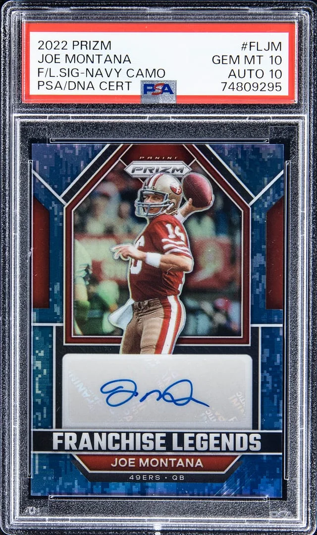 2022 Panini Prizm Joe Montana Franchise Legends Signatures Navy Camo #FL-JM card image
