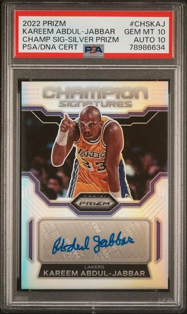 2022 Panini Prizm Kareem Abdul-Jabbar Champion Signatures Silver Prizm #CHSKAJ card image