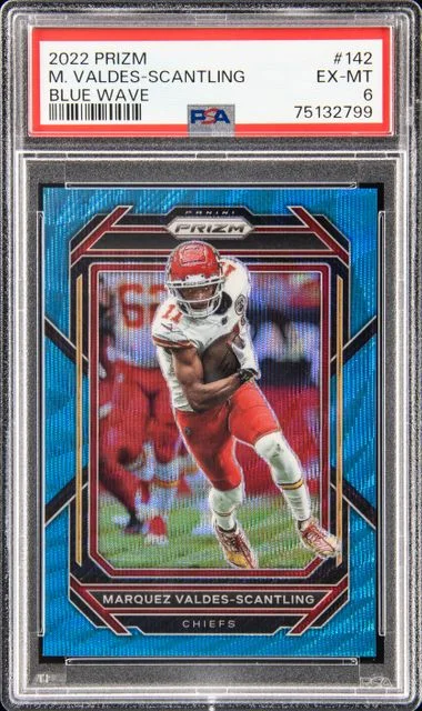 2022 Panini Prizm Marquez Valdes-Scantling Blue Wave #142 card image
