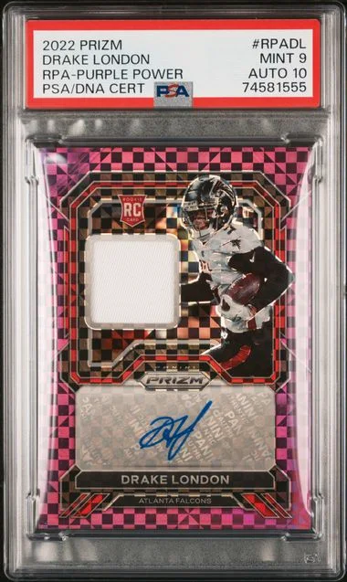 2022 Panini Prizm Patch Autographs Purple Power Rpadl Drake London #no-number card image