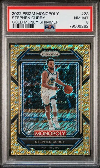 2022 Panini Prizm Stephen Curry Monopoly Gold Money Shimmer #28 card image
