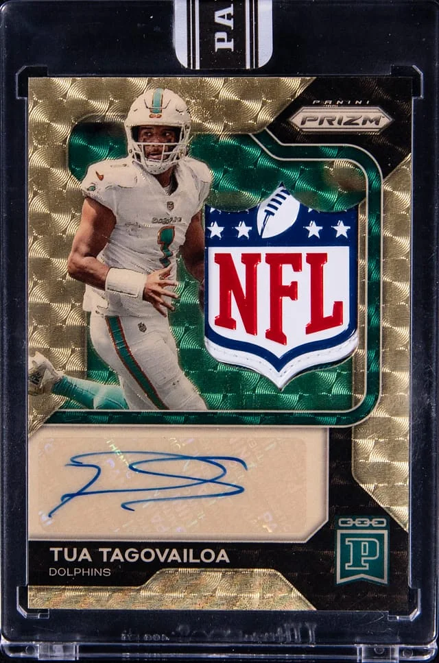 2022 Panini Prizm Tua Tagovailoa Blockchain NFL Shield Autograph Gold Vinyl Prizm #BCP-TUA card image