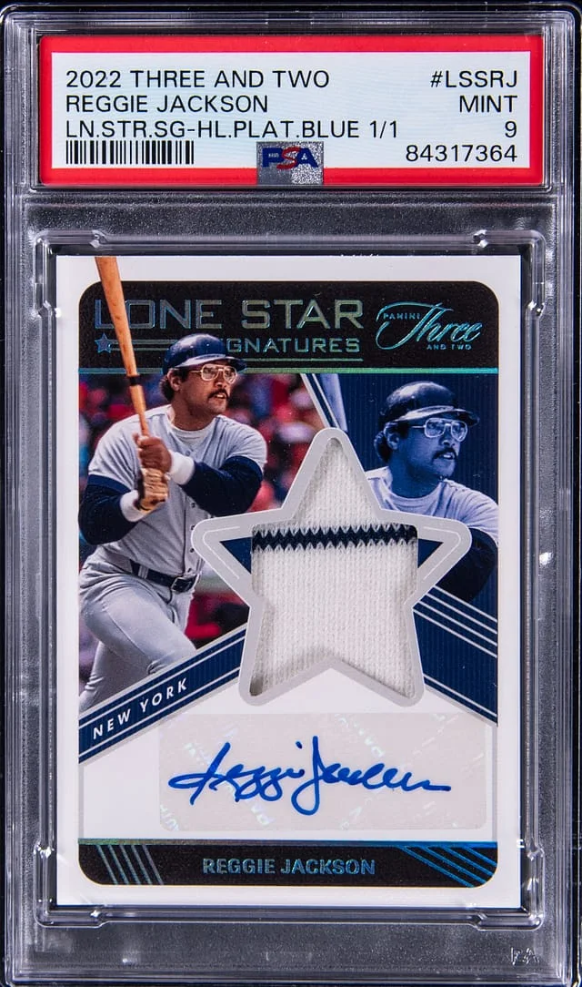 2022 Panini Reggie Jackson Three And Two Lone Star Signatures Platinum Blue #LSSRJ card image
