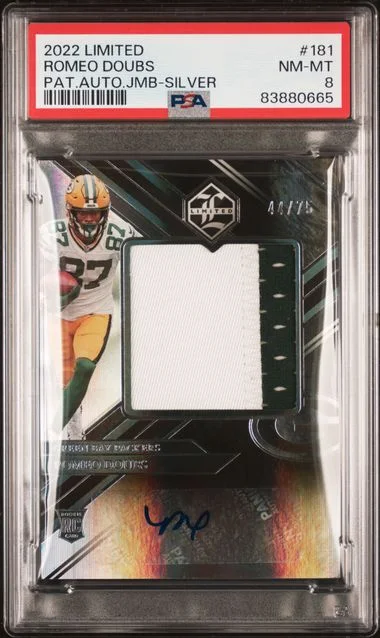 2022 Panini Romeo Doubs Limited Patch Autograph Jumbo-Silver #181 card image