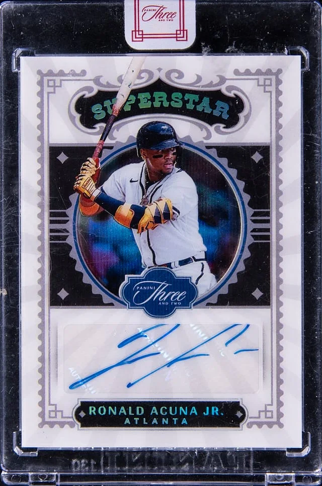 2022 Panini Ronald Acuna Jr. Three and Two Superstar Signatures Holo Platinum Blue #SS-RA card image