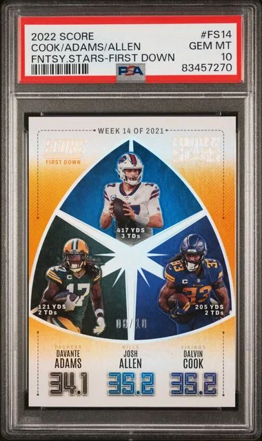 2022 Panini Score Dalvin Cook/Davante Adams/Josh Allen Fantasy Stars First Down #FS14 card image