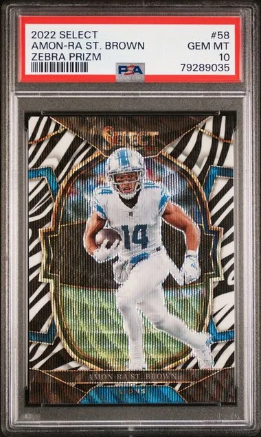 2022 Panini Select Amon-Ra St. Brown Zebra Prizm #58 card image