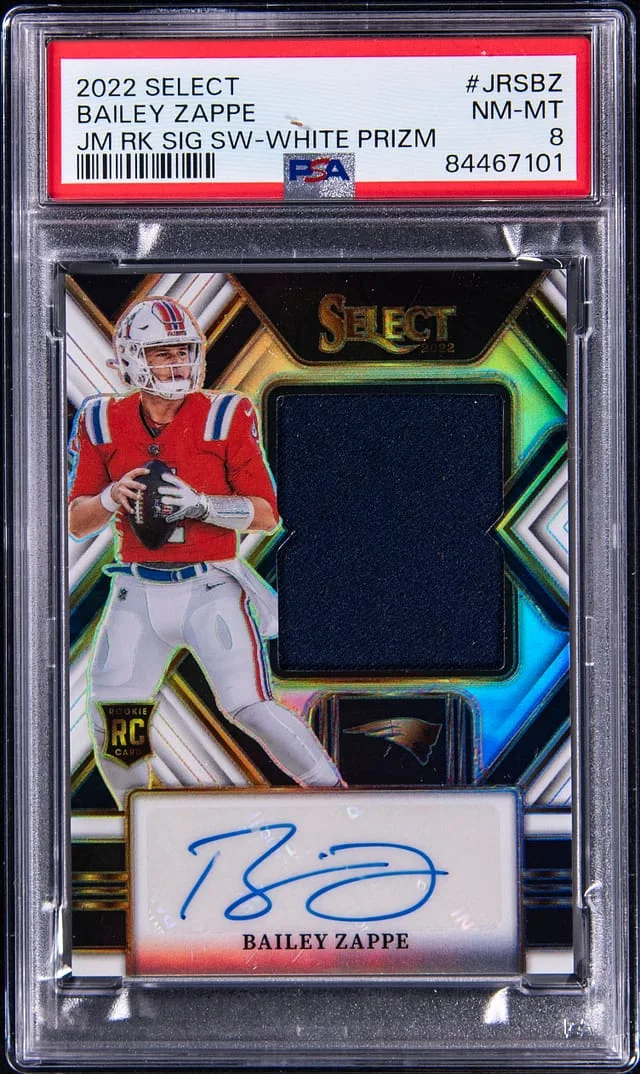 2022 Panini Select Bailey Zappe Jumbo Signature Swatch White Prizm #JRSBZ card image
