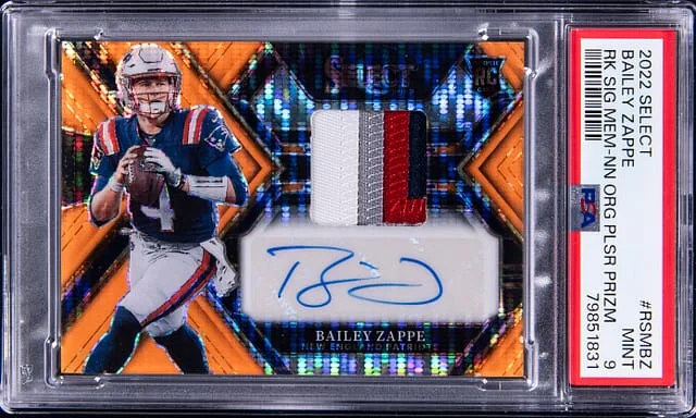 2022 Panini Select Bailey Zappe Neon Orange Pulsar Prizm Signature Material #RSM-BZ card image