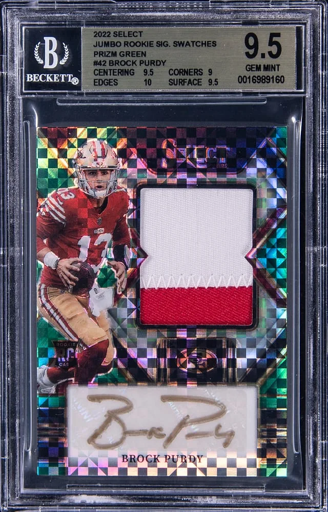 2022 Panini Select Brock Purdy Jumbo Signature Swatches Green Prizm #42 card image