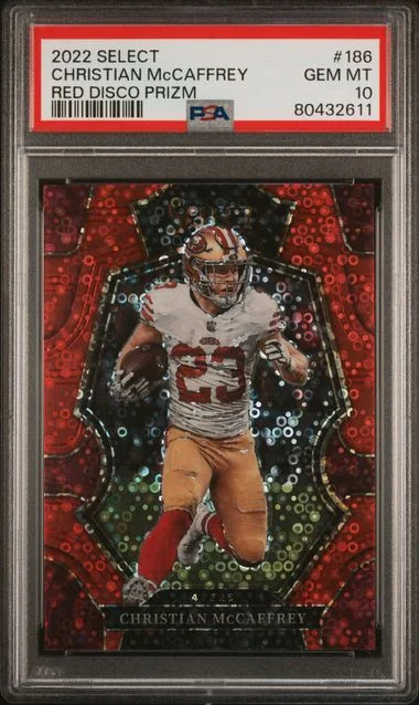 2022 Panini Select Christian Mccaffrey Red Disco Prizm #186 card image