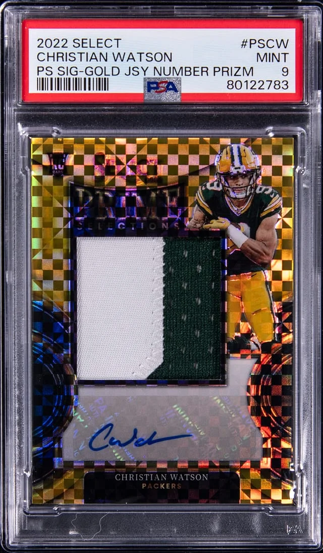 2022 Panini Select Christian Watson Prime Selections Signature Gold Jersey Number Prizm #PS-CW card image