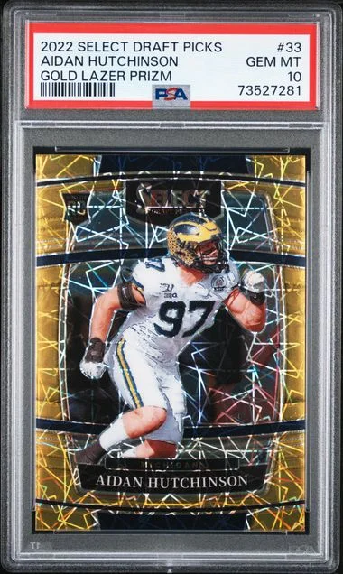 2022 Panini Select Draft Picks Aidan Hutchinson Gold Lazer Prizm #33 card image