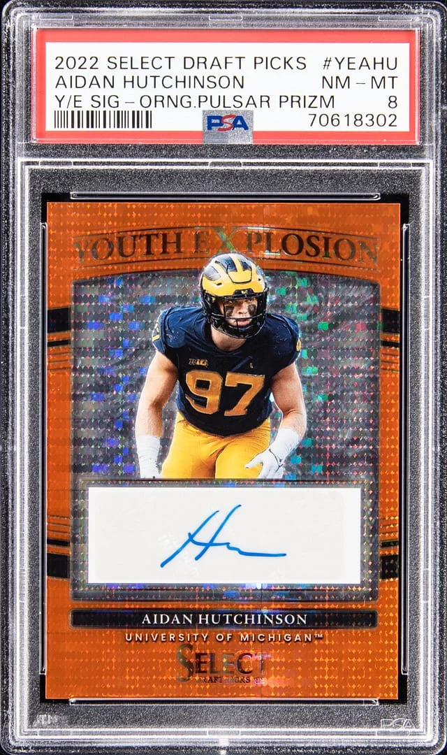 2022 Panini Select Draft Picks Aidan Hutchinson Youth Quake Signature Orange Pulsar Prizm #YE-AHU card image