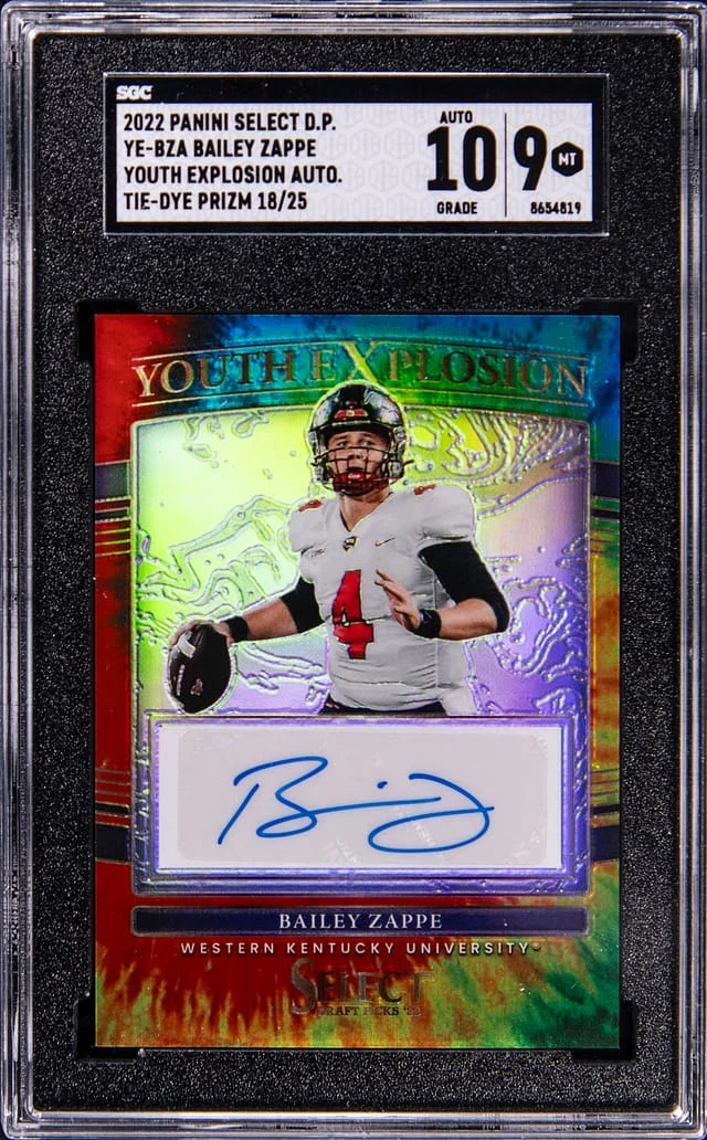 2022 Panini Select Draft Picks Bailey Zappe Youth Explosion Autograph Tie-Dye Prizm #YE-BZA card image