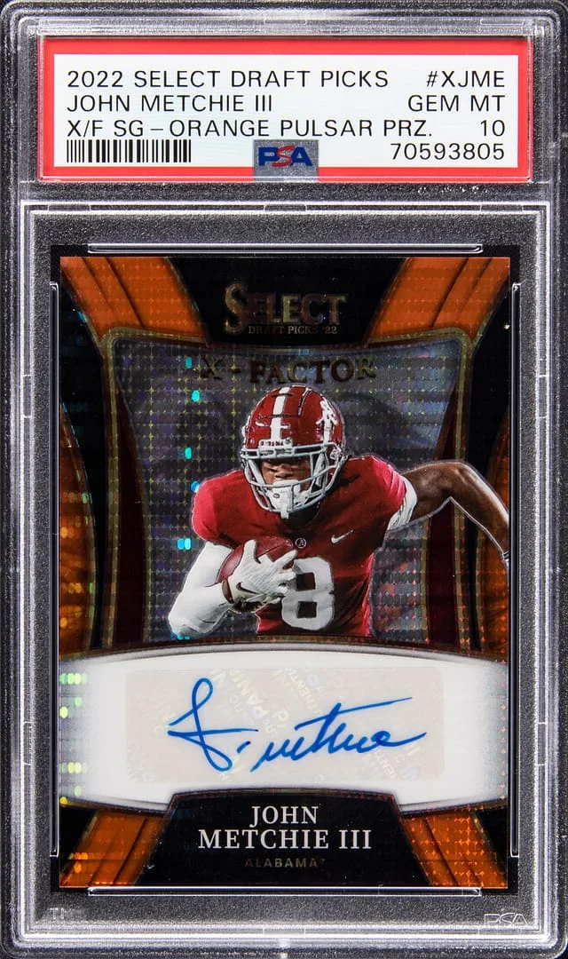 2022 Panini Select Draft Picks John Metchie III X-Factor Signature Orange Pulsar Prizm #X-JME card image