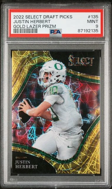 2022 Panini Select Draft Picks Justin Herbert Gold Lazer Prizm #135 card image