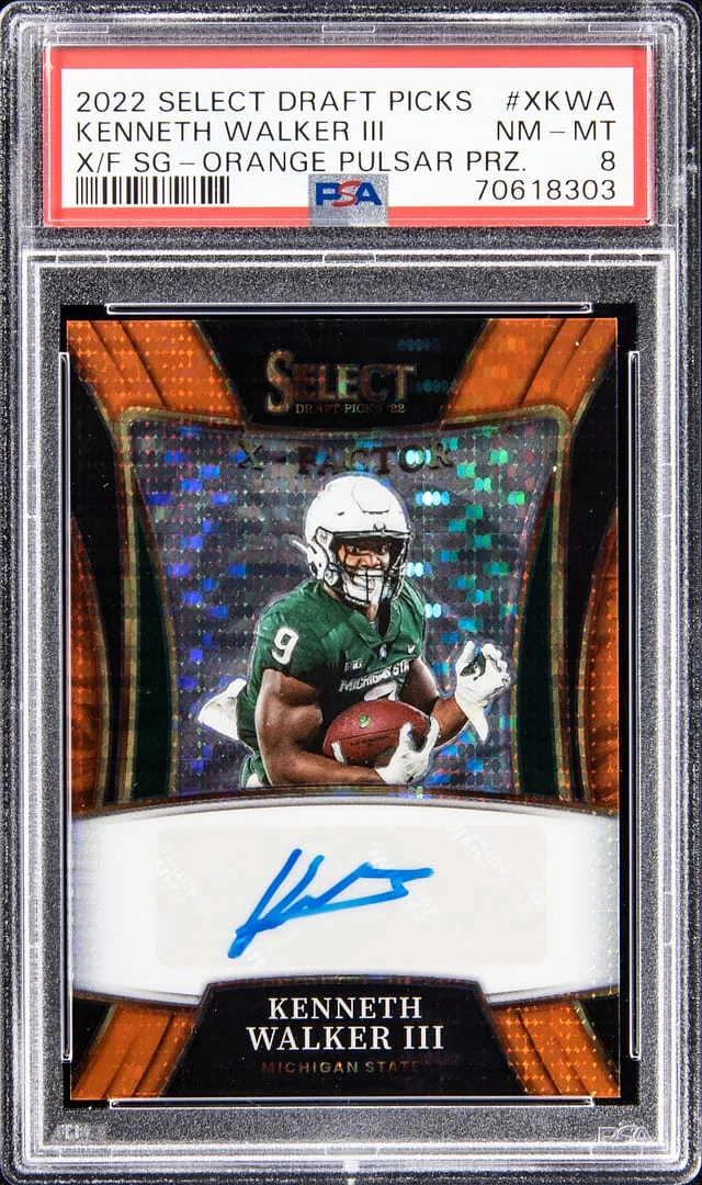2022 Panini Select Draft Picks Kenneth Walker III X-Factor Signature Orange Pulsar Prizm #X-KWA card image