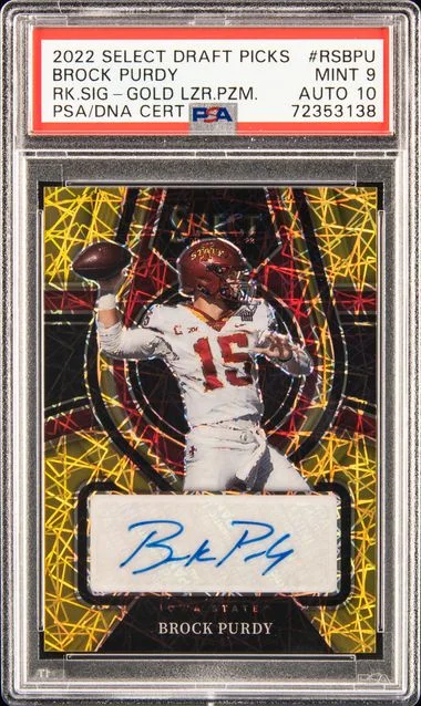 2022 Panini Select Draft Picks Signatures Gold Lazer Prizm Brock Purdy #no-number card image