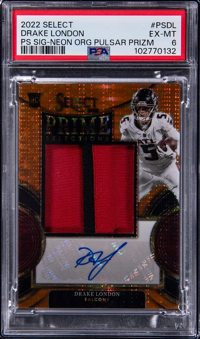 2022 Panini Select Drake London Prime Selections Signatures Neon Orange Pulsar Prizm #PS-DL card image