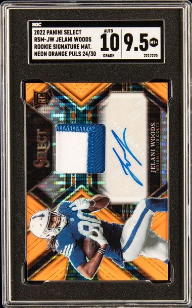 2022 Panini Select Jelani Woods Signature Material Neon Orange Pulsar Prizm #RSM-JW card image