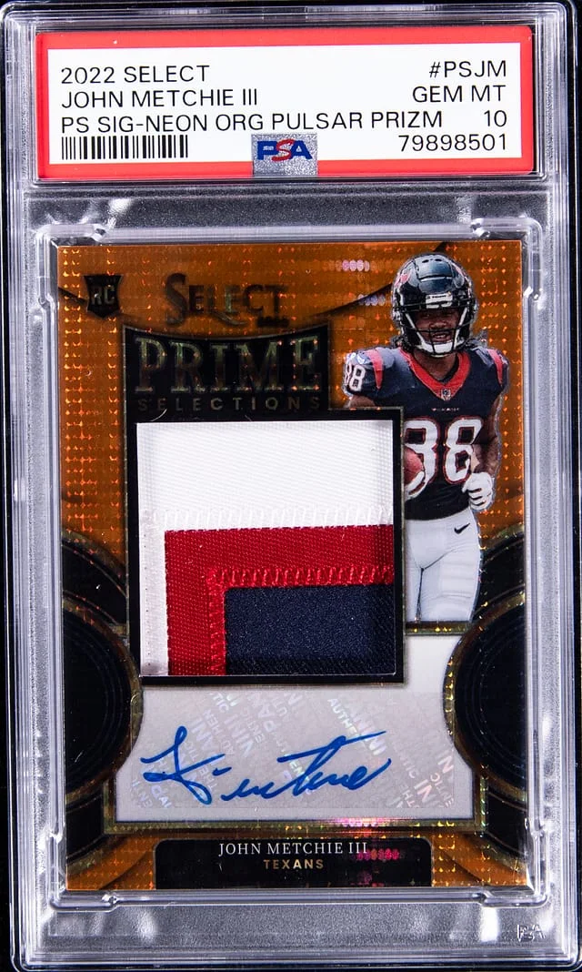 2022 Panini Select John Metchie III Prime Selections Signature Neon Orange Pulsar Prizm #PS-JM card image