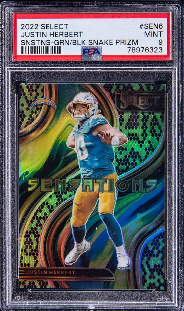 2022 Panini Select Justin Herbert Sensations Green/Black Snakeskin Prizm #SEN-6 card image