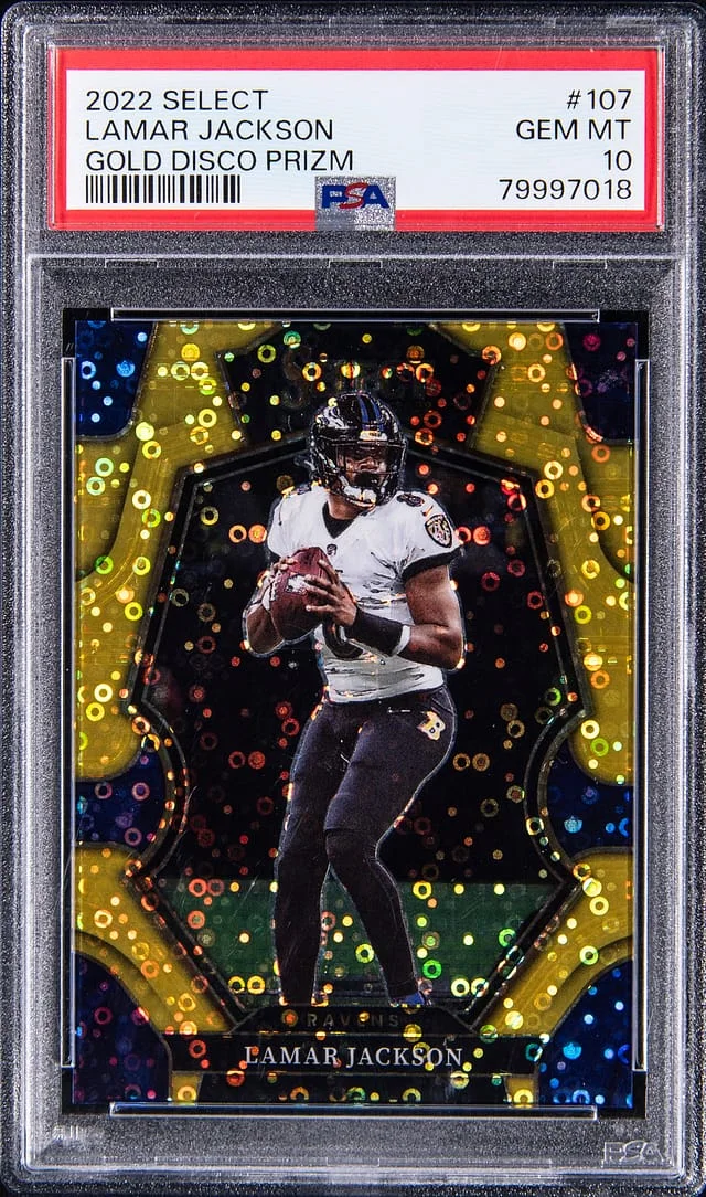 2022 Panini Select Lamar Jackson Gold Disco Prizm #107 card image