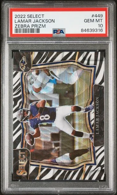2022 Panini Select Lamar Jackson Zebra Prizm #449 card image
