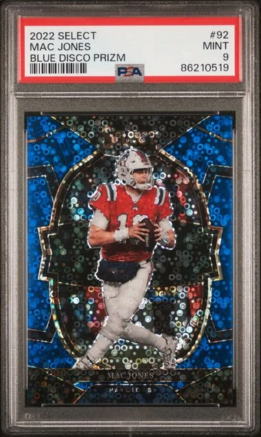 2022 Panini Select Mac Jones Blue Disco Prizm #92 card image