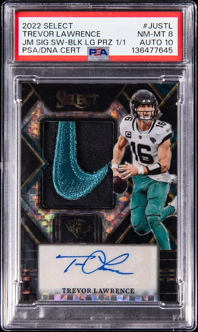 2022 Panini Select Trevor Lawrence Jumbo Signature Swatch Brand Logo Black Prizm #JUS-TL card image
