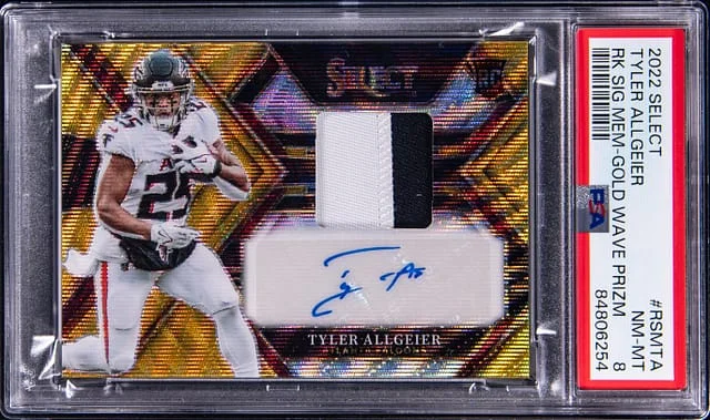 2022 Panini Select Tyler Allgeier Signature Memorabilia Gold Wave Prizm #RSMTA card image
