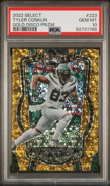 2022 Panini Select Tyler Conklin Gold Disco Prizm #223 card image
