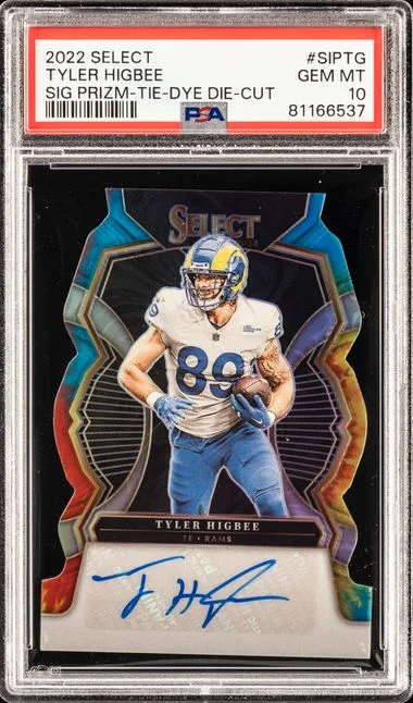 2022 Panini Select Tyler Higbee Signatures Die-Cut Tie-Dye Prizm #SIP-TG card image