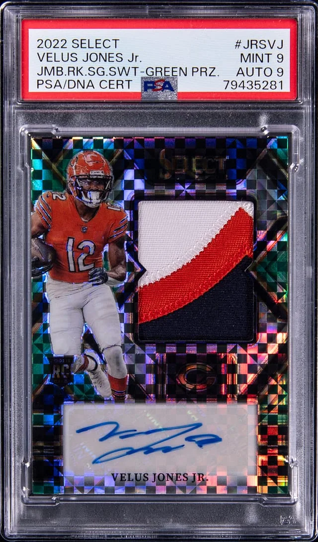 2022 Panini Select Velus Jones Jr. Jumbo Signature Swatch Green Prizm #JRSVJ card image