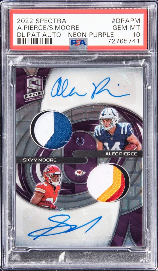 2022 Panini Spectra Alec Pierce/Skyy Moore Dual Patch Autographs Neon Purple #DPAPM card image