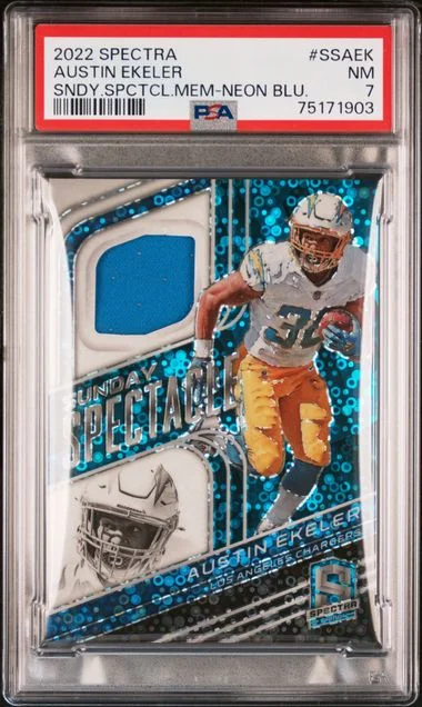 2022 Panini Spectra Austin Ekeler Sunday Spectacle Memorabilia Neon Blue #SS-AEK card image