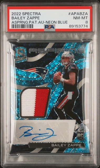 2022 Panini Spectra Bailey Zappe Aspiring Patch Autographs Neon Blue #APABZA card image